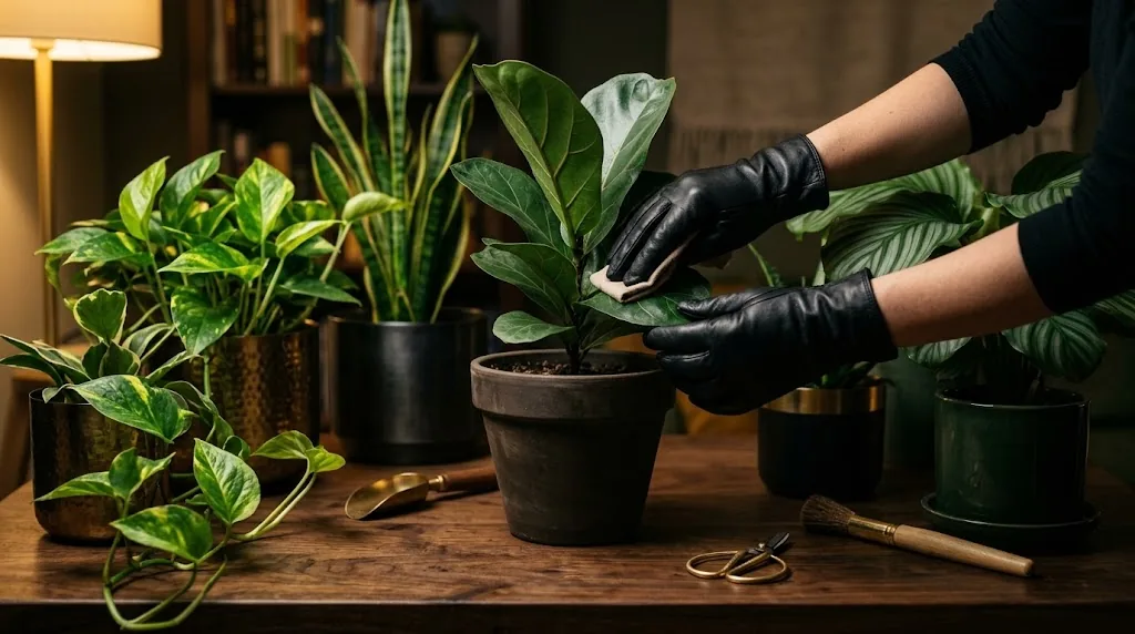 Manos con guantes limpiando la hoja de una planta rodeada de otras plantas