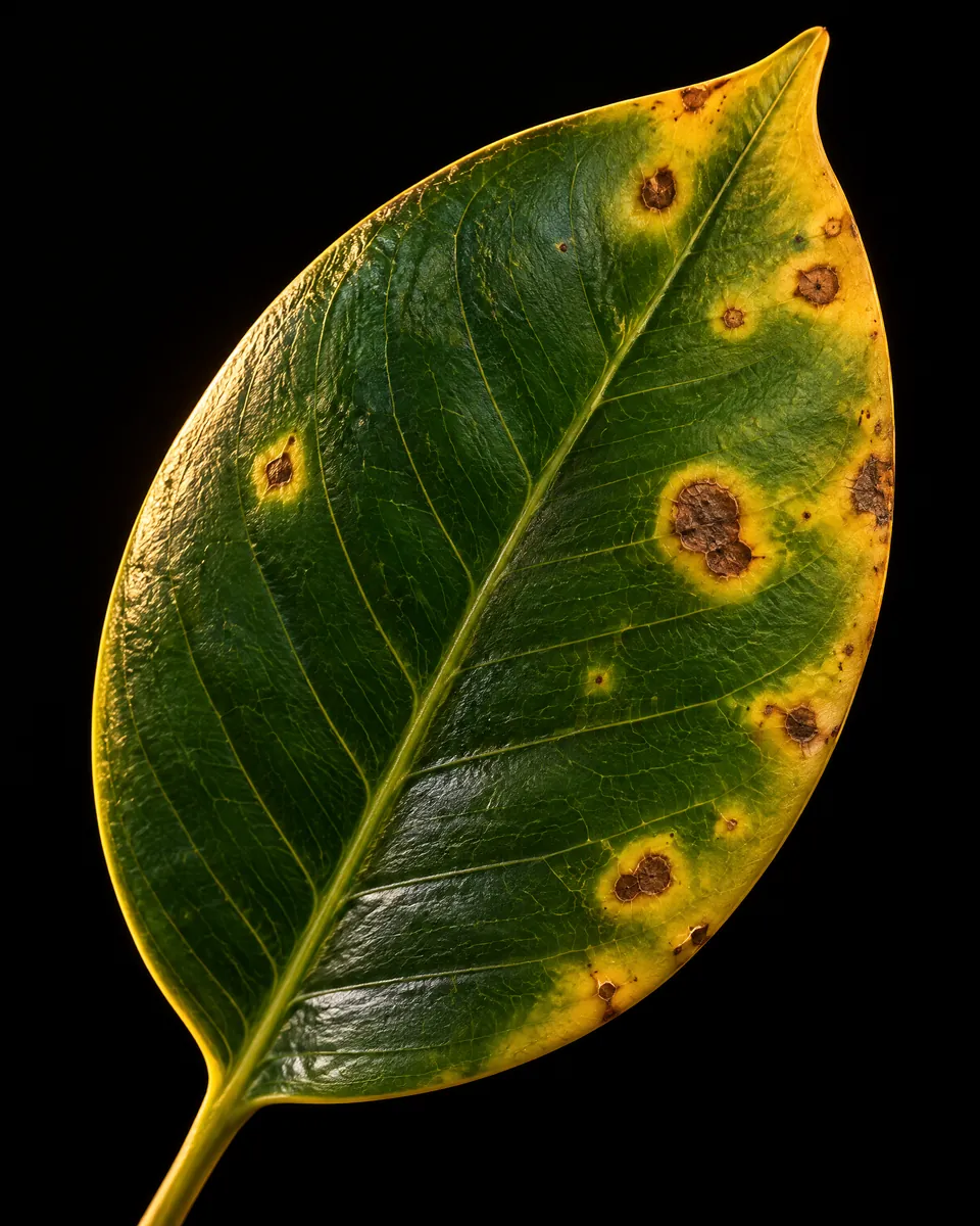 Hoja de ficus con manchas marrones y bordes amarillos
