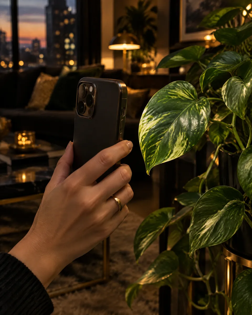 Mano tomando una foto de un Pothos con el celular