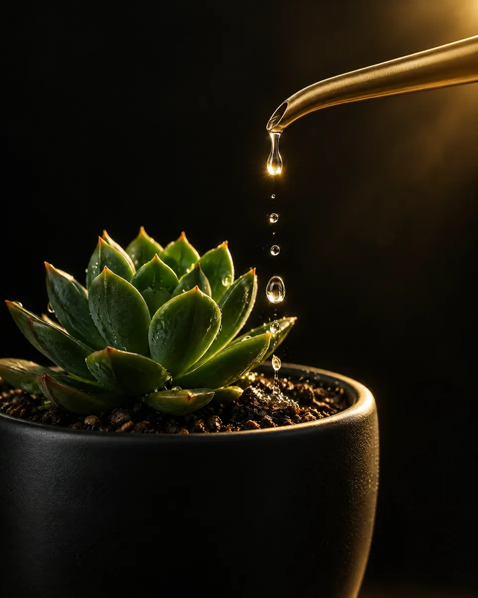 Gota de agua cayendo de una regadera dorada sobre una suculenta